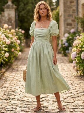 O.P.T Anthropologie Cotton Sage Green Puff Sleeve Midi Dress Pockets Women’s L
